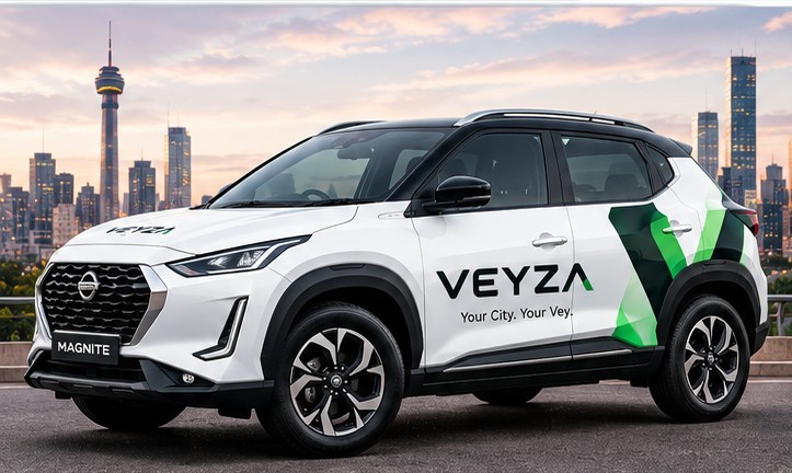 Branded Veyza Nissan Magnite against the Johannesburg skyline at dusk